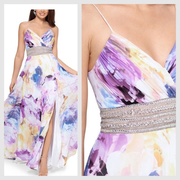Xscape Dresses & Skirts - XSCAPE Floral Print Embellished Waist Gown Dress
